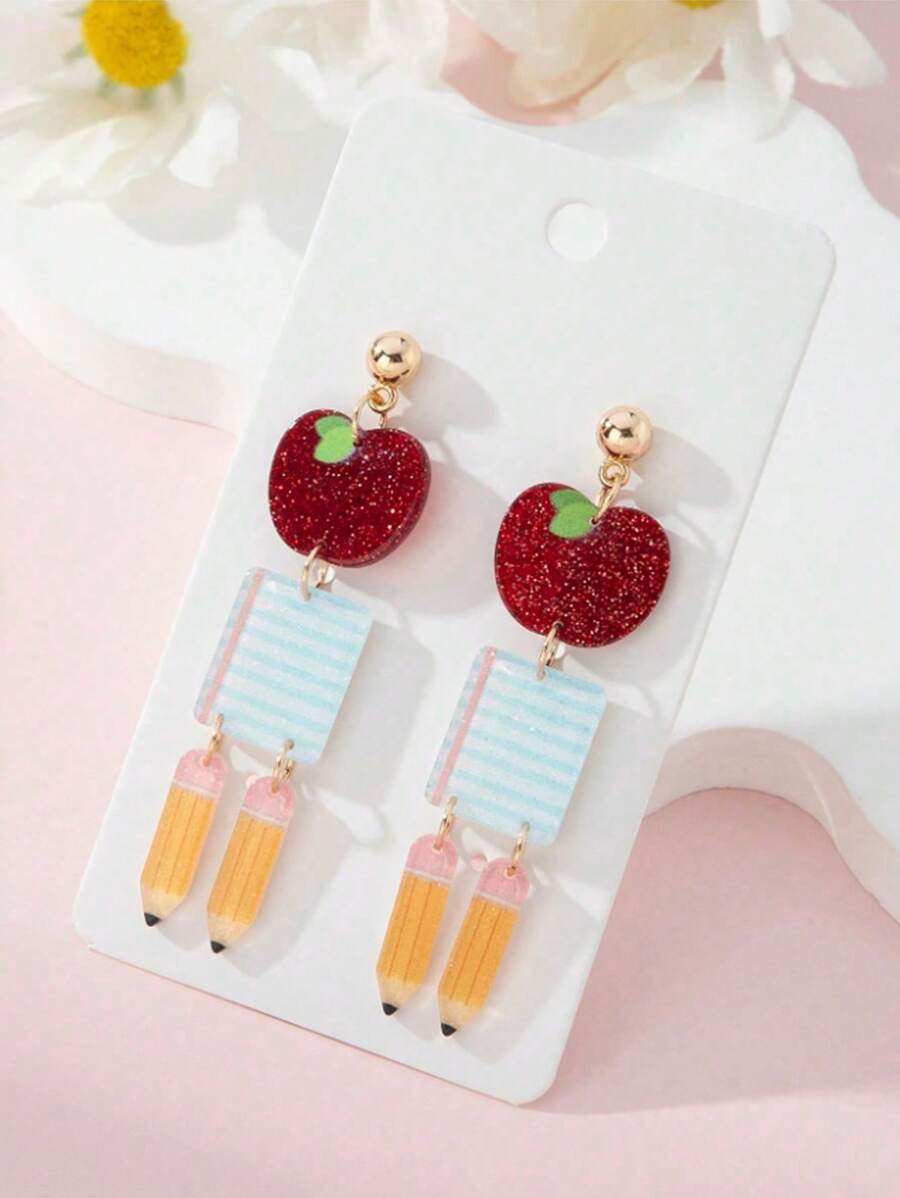 1 paire de boucles d'oreilles en acrylique avec design pomme, livre, crayon. Bijoux convenant pour la Fête des Enseignants, la rentrée, la saison des remises de diplômes, le port quotidien. Cadeaux pour enfants, accessoires pour enfants.