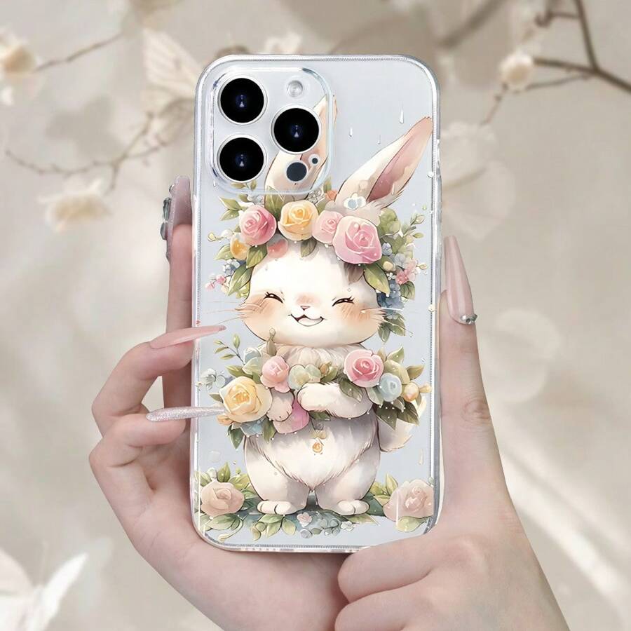 1pc Transparent TPU Soft Phone Case With Cute Rabbit & Flower Basket Design, Shockproof Protective Cover Compatible With IPhone16 Pro Max/16/15/14/13/12/12/11, High-End Fashion Design, Great For Easter Gifts To Friends And Family, Also Fits S25/S/24S24/S23/S22 Series