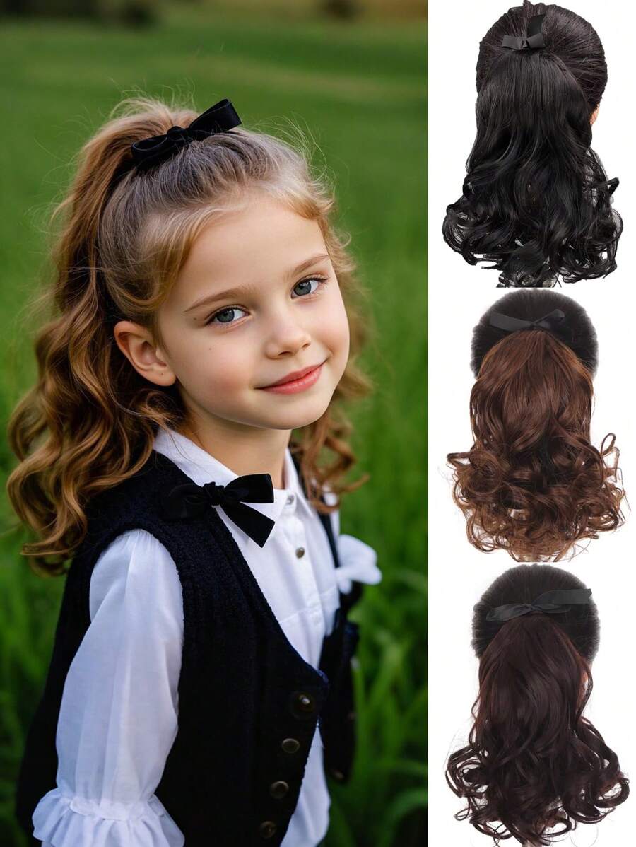 Pinzas para cola de caballo con lazo, peluca artificial y peine para cabello ondulado para el Día de San Valentín, extensiones de cabello rizado para niños