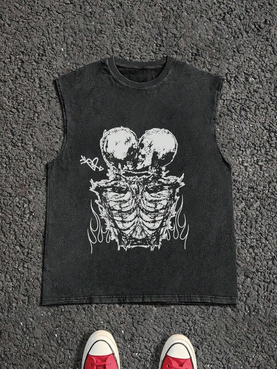 Plus Size Men Sleeveless Casual Top, Skull, Flame, Heart Kiss Print, Streetwear Round Neck Washed Tank Vest, Y2K Style Suitable For Daily Wear