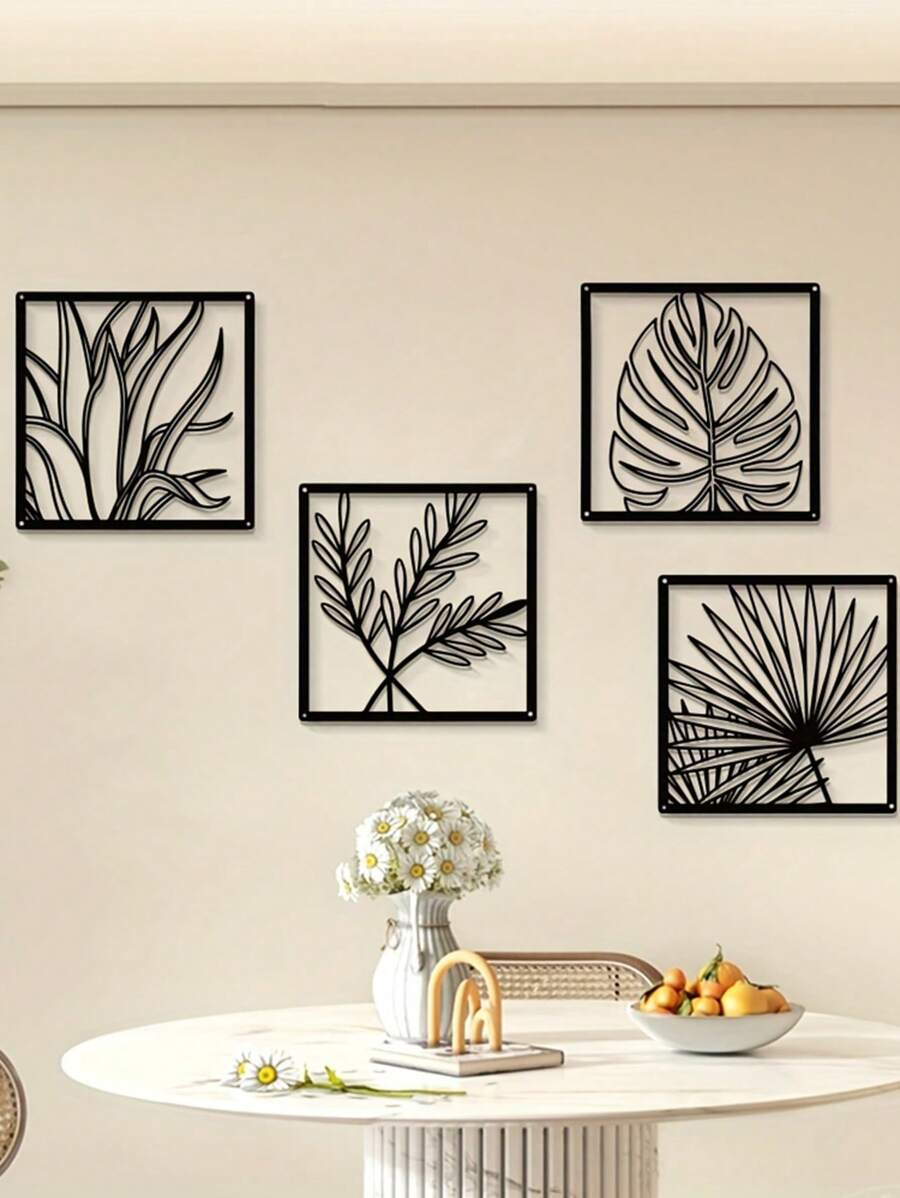 4 pièces Décoration murale en métal moderne : Sculptures de feuilles Décorations pour salon, chambre à coucher, résidentiel et jardin - Art contemporain Feuille métallique Décoration murale pour la décoration de la maison