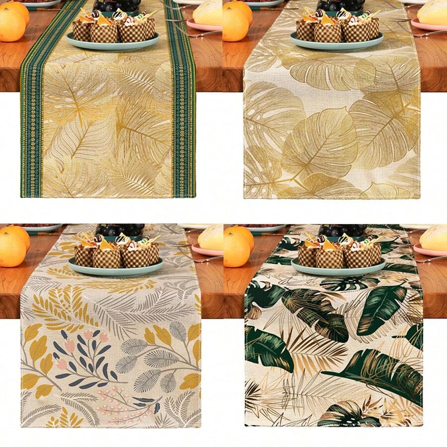 1pc Floral & Leaf Print Tropical Leaves Series Tafelloper, Geschikt voor Feesten, Feesten, Verjaardagen, Diners, Keuken, Eetkamer Tafeldecoratie, Alle Seizoenen Woondecoratie