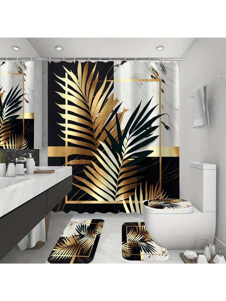 4 Peças Conjunto de Decoração de Banheiro Mármore Dourado Banana, Inclui Cortina de Chuveiro À Prova d'Água, Tapete Antiderrapante, Tampa de Assento Sanitário, Tapete de Banho e 12 Ganchos de Plástico, Ótimo para Decoração de Casa, Dormitório e Cabana, Volta às Aulas