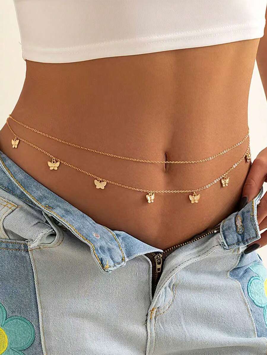 1 pieza Cadena de cintura con mariposa de doble capa elegante con flecos, joyería sexy de playa para el verano, estilo de Europa y América