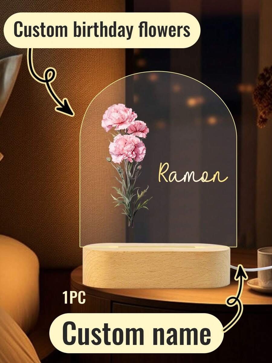 1/2 Pcs Personalized Name Arch Acrylic Night Light With Wooden Base, Custom Name Plaque With Flowers, Customized Light Up Pattern Frame