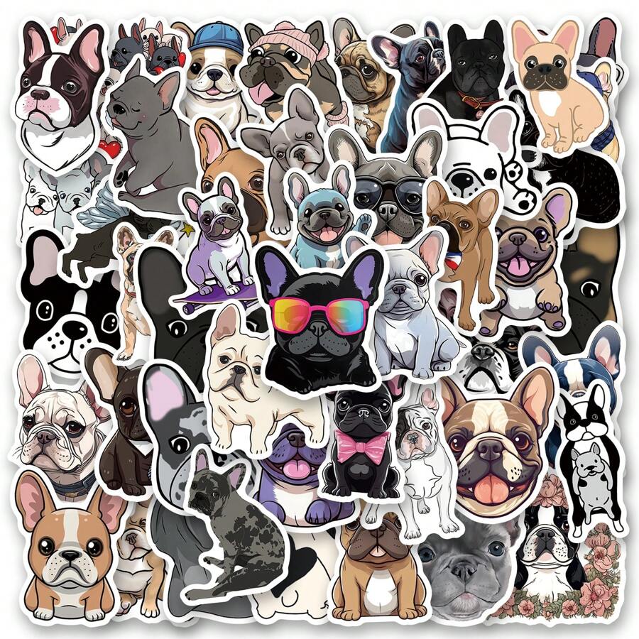50Pcs French Bulldog Stickers Vinyl Stickers Scrapbook, Journaling, Laptop, Bumper, Skateboard, Water Bottles, Computer, Phone, Cartoon, Hard Hat, Car Stickers