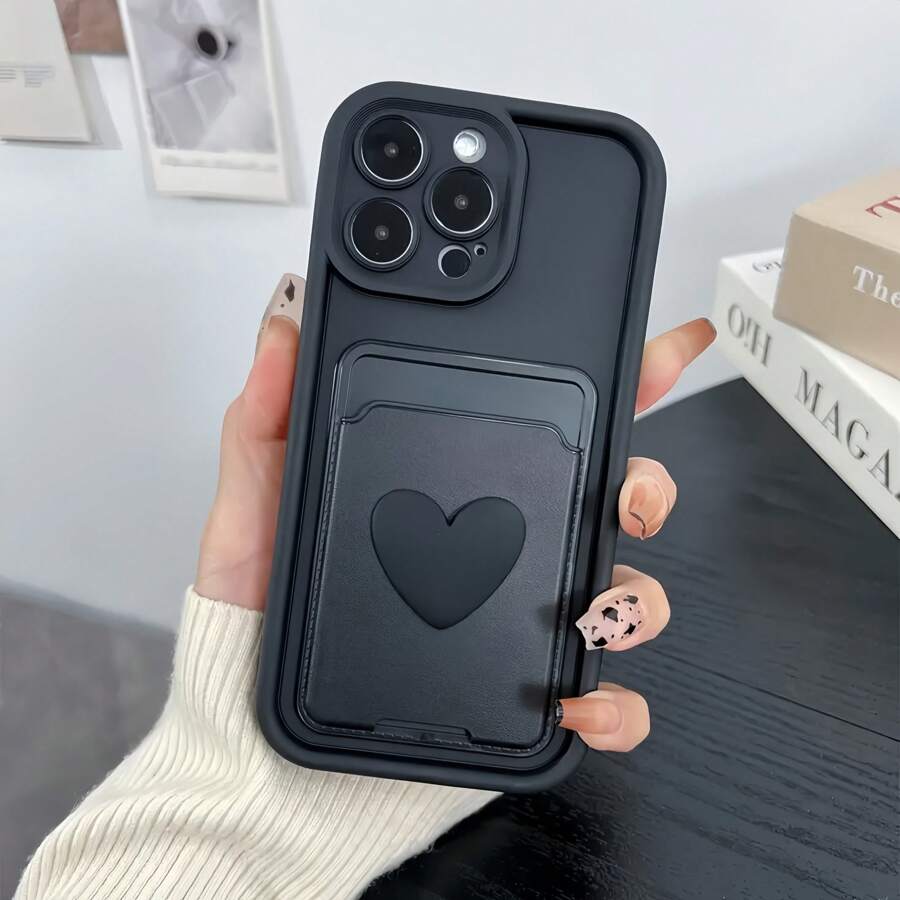 1pc Built-In Card Holder Dopamine Chic Matte Cute Heart-Shaped Step Photo Frame Phone Case, Compatible With IPhone 12/13 Pro Max, Honor X7, Galaxy A56 5G, Infinix Smart 8, Infinix Hot 40i, Spark 20, Spark 20C, Spark Go 2024, Redmi Note 14 5G, Moto E22/E22i, OPPO A54, Minimalist Design For Daily Use And Outdoor Carry, Shockproof Full Coverage Protection