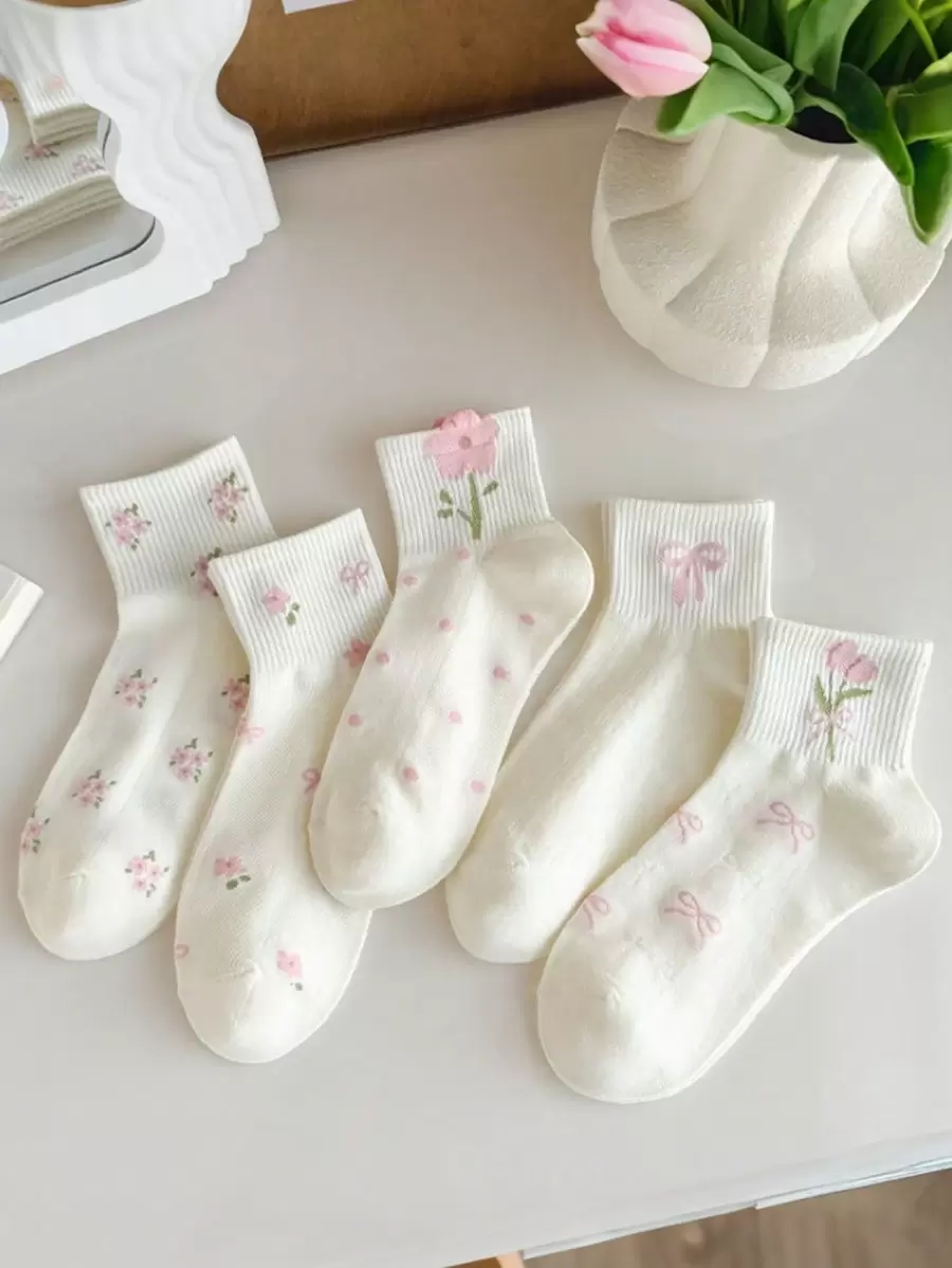 5 pares de calcetines multicolor blancos para mujer con lindo diseño de mariposa, calcetines cortos con lazo y flor, calcetines de tubo medio, sencillos y versátiles, aptos para uso diario, deporte y ocio, adecuados para primavera, verano y otoño