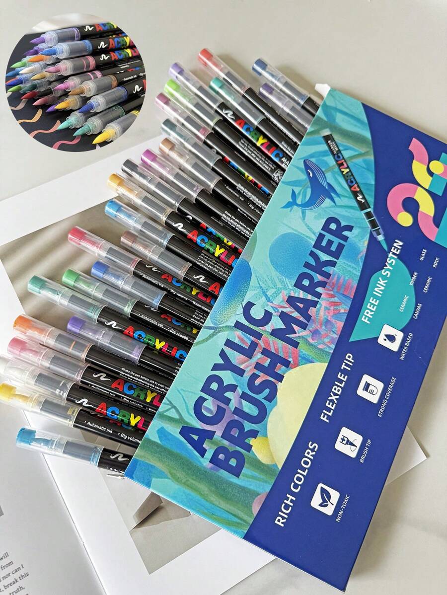12/24/36/48 Colors Direct Liquid Soft Head Acrylic Marker Pen, Acrylic Paint Pens For Wood, Canvas, Stone, Rock Painting, Ceramic Surfaces, Chritmas Card Making Back To School