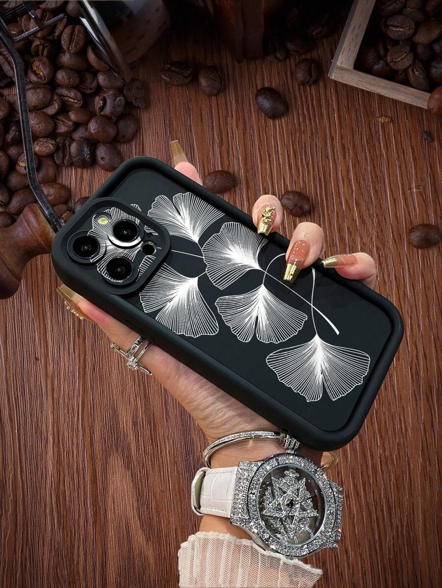 1pc Fashionable Black Ginkgo Leaf & Striped Pattern Anti-Fall Sandblast Phone Case, Compatible With Apple///Redmi/Infinix/Vivo