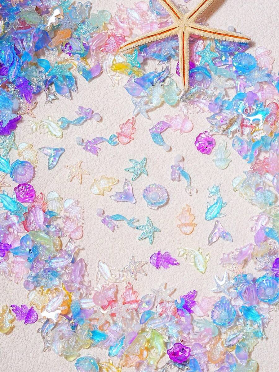 100pcs Spring Summer Nail Decorations Ocean Animal Mermaid Shell Starfish Nail Charms For Nail Art - Cute Kawaii Fish & Jellyfish Flatback Rhinestones, DIY Nails Decorations, Scrapbooking & Home Decor Craft Accessories