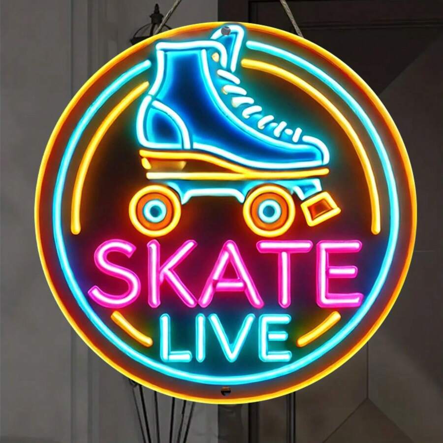 Levendig "Skate Live" Neonbord - Kleurrijke rolschaatsen en skateboards ontwerp Ronde houten wandkunst met ophangbeugel, geschikt voor thuis, slaapkamer, garagedecoratie, geweldig voor kamerdecoratie, willekeurig gatontwerp