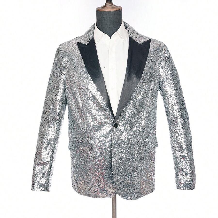 Shiny Silver Sequin Suit Jacket, Suitable For Parties, Dancing, Music Festivals, Men Glittering Blazers
