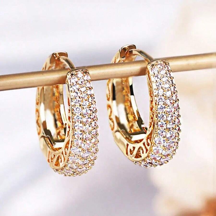 1 Pair READKISS Women Elegant 18K Gold Plated Hoop Earrings, Inlaid With Micro Pave Synthetic Cubic Zirconia - Sparkling Bridal And Fashion Jewelry, Suitable For Weddings, Parties And Casual Wear