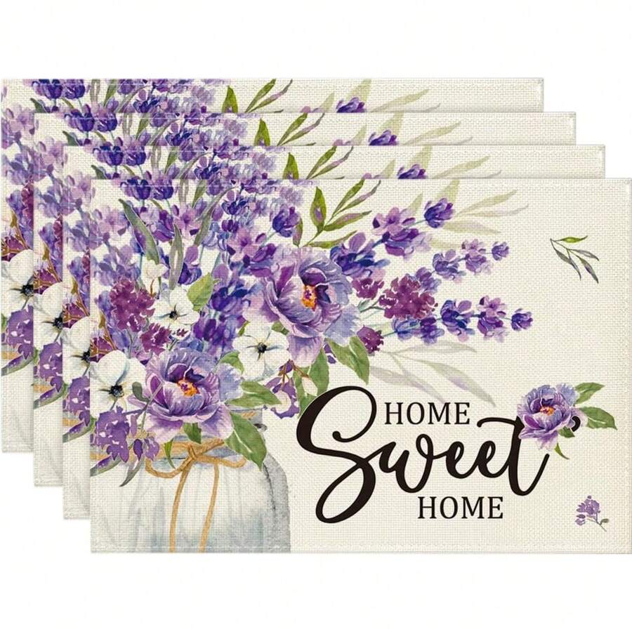 1-Piece, 4-Piece, 6-Piece Fresh Purple Floral Spring Series Placemats, 30 * 45cm Asymmetric, Animal, Plant Pattern Table Decoration, Spring Holiday Tablecloth Table Mat, Coaster Suitable For Family Parties, Kitchen Decoration, Restaurant, Company Gatherings