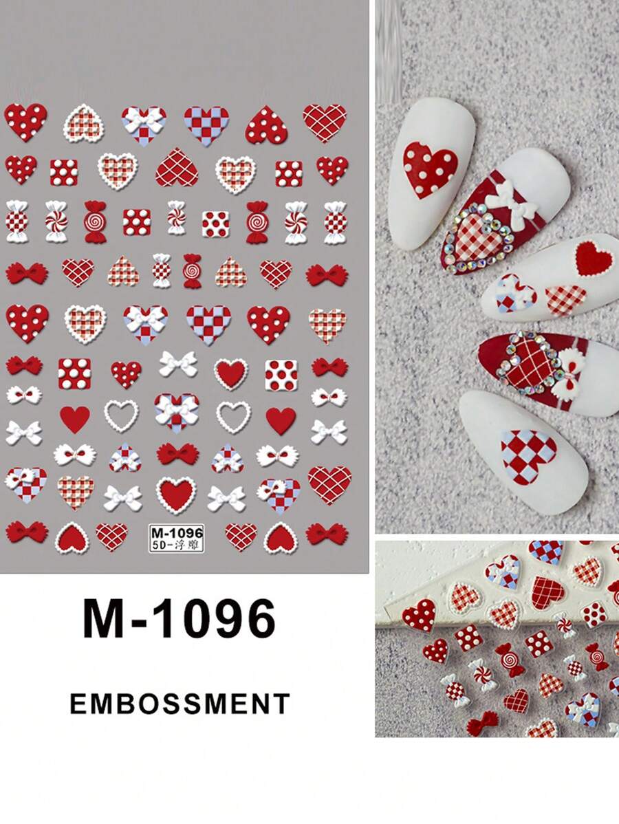 1 pièce Stickers d'art pour ongles en forme de cœur et nœud papillon 5D rose flottant et étoilé