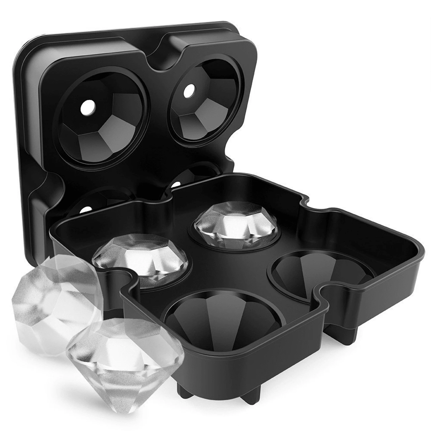 4-Cavity Round Diamond Ice Hockey Mold, Handmade Ice Hockey, Used For Whisky, Cocktails, Bourbon, With Funnel, Used For Parties, Family Bars, Bartenders (Black).