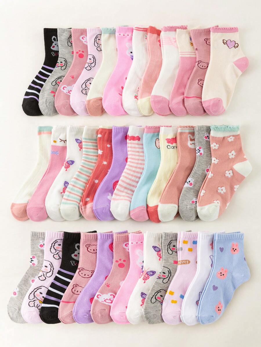 1/5/12 Pares de Meias Infantis para Primavera/Verão com Padrões Coloridos de Coelho, Urso e Coração, Meias Curtas Macias, Confortáveis e Respiráveis, Meias Casuais Versáteis Estudantis e Esportivas, Estilo e Cor Aleatórios para Volta às Aulas e Uso Diário