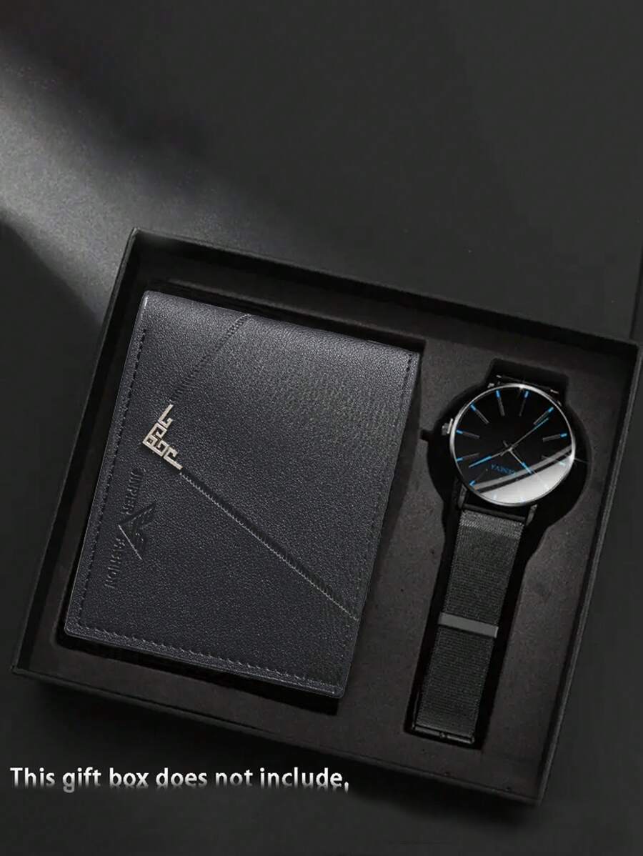 2 unidades Reloj de cuarzo sencillo con escala de malla de moda para hombre y 1 cartera de negocios para hombres
