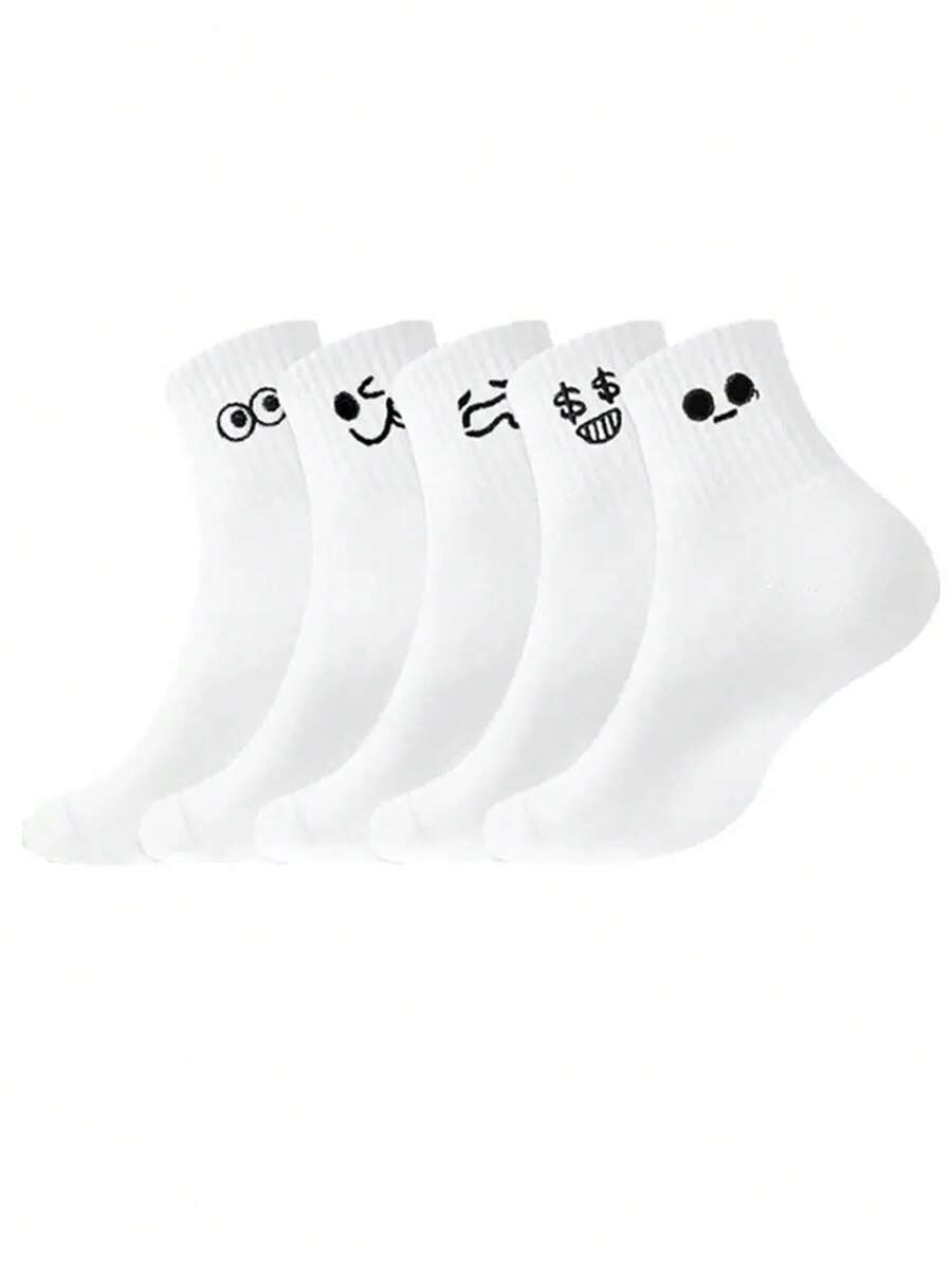 5 pares de calcetines casuales de longitud media con estampado de expresión de dibujos animados para parejas para uso deportivo y al aire libre