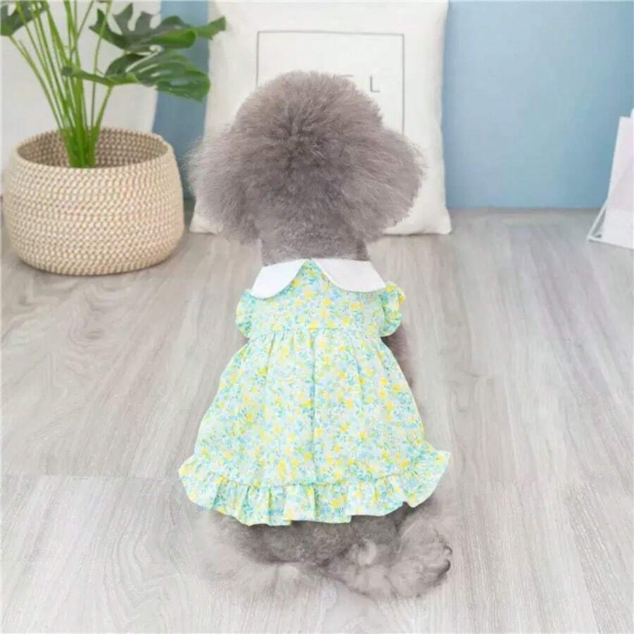 1 Piece Summer Lightweight Comfortable Cute Casual Pet Dog/Cat Ditsy Floral Collared Dress, Suitable For Vacation, Dates, Toy Poodle, Bichon Frise, Small-Medium Breeds