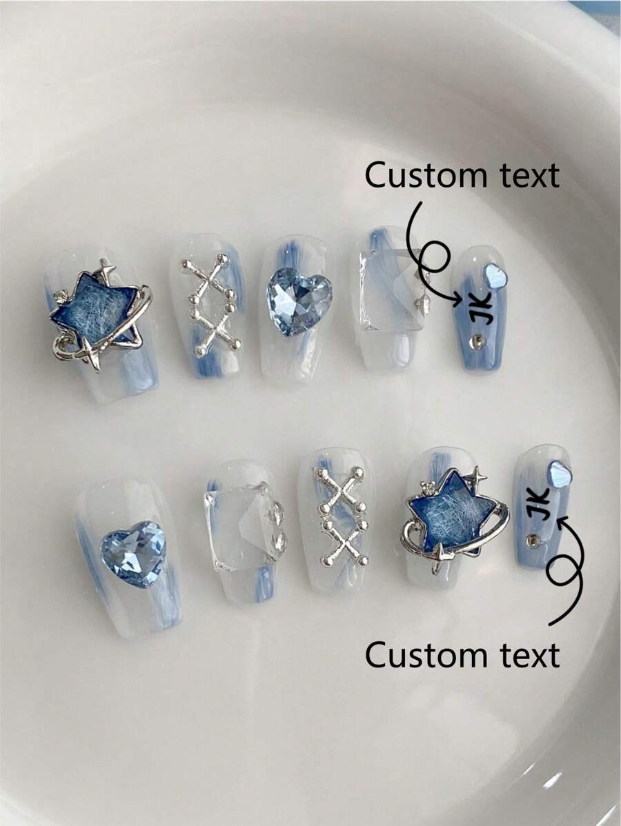 10 piezas de uñas postizas personalizadas, uñas cuadradas cortas, diseño de arte de uñas de primavera y verano, diseño de degradado azul con estampado de estrella y corazón de cristal, accesorios de uñas desmontables y reutilizables, polvo y brillo de uñas, adecuado para niñas, para usar en el escenario, fiesta de baile, fiesta, boda, vacaciones; uñas personalizadas; texto personalizado; imágenes personalizadas.