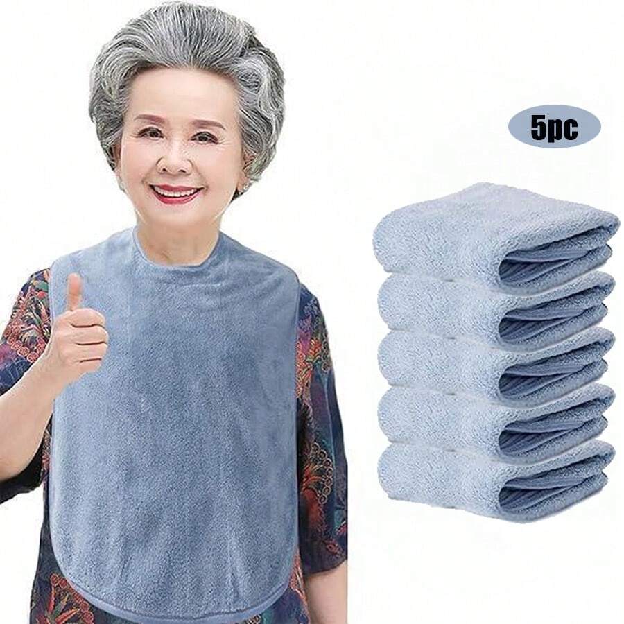5pcs/Pack Grey & Blue Double-Sided Fleece Adult Bibs, Warm Reusable Bibs For Elderly, Disabled People, Meal Time Crumb Catcher, Clothing Protector, Suitable For Adults With Special Needs