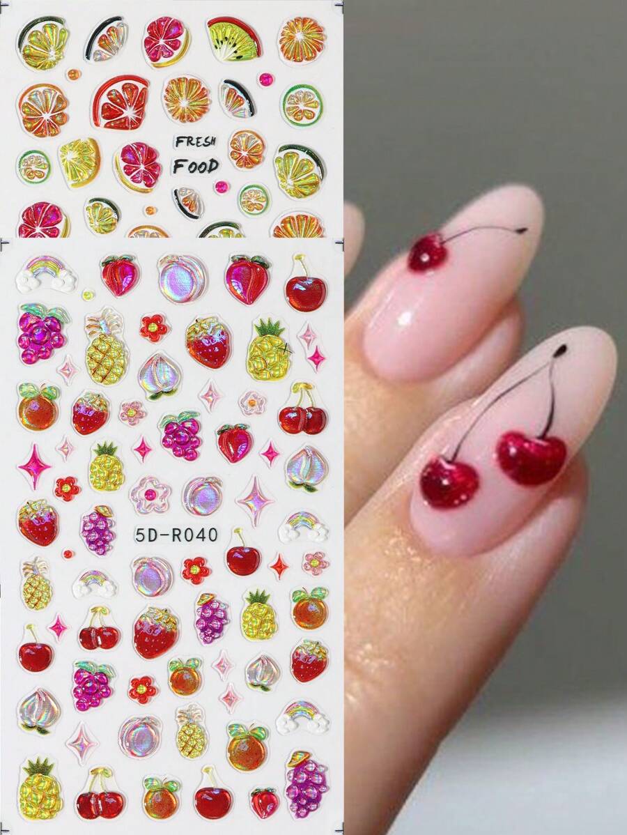 2 pièces Autocollants 5D de fruits de dessin animé: cerises, fraises, citrons d'été, oranges, pêches mignonnes, raisins, ananas. Fournitures pour ongles