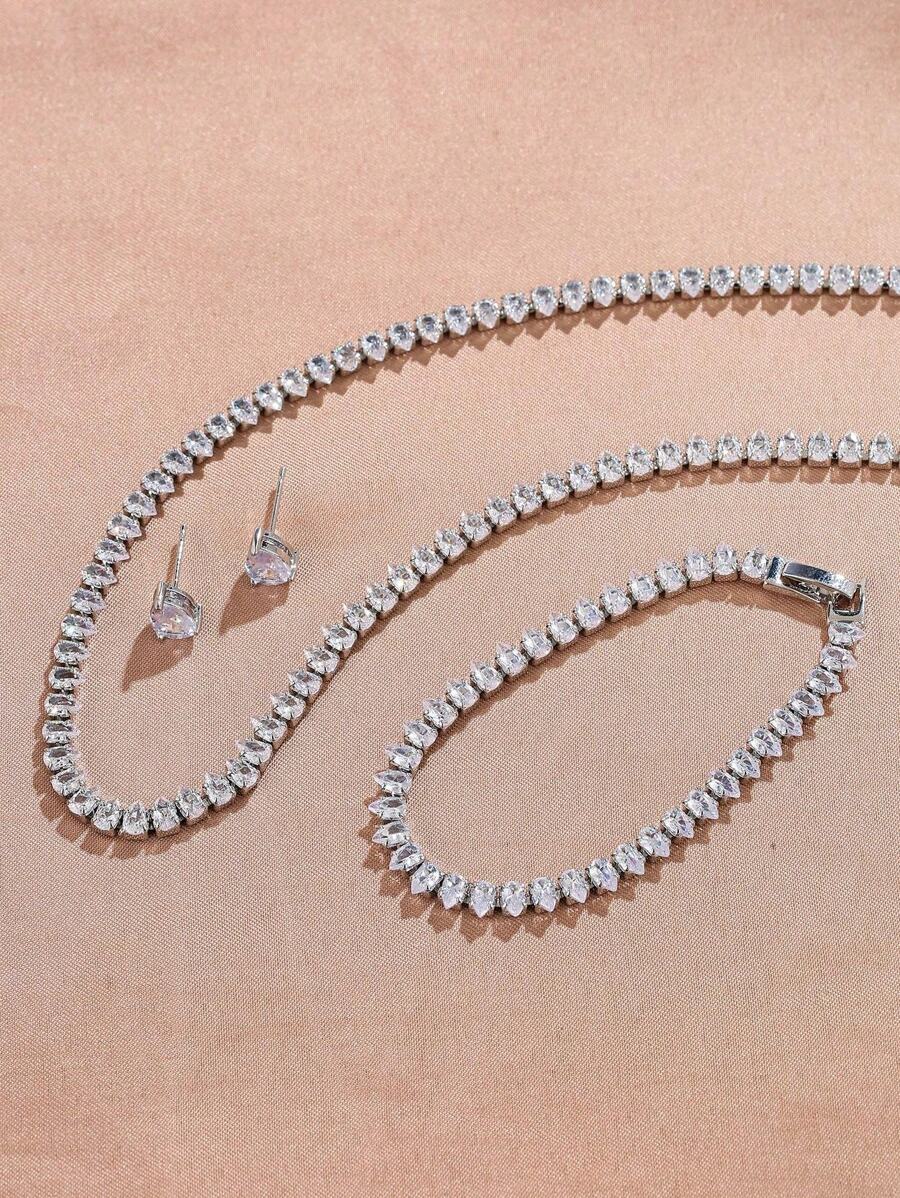 Cubic Zirconia 3pcs Jewelry Sets Women Silver Color Stud Earrings Tennis Bracelet Necklace Sets Bridal Wedding Party Jewelry Holiday Vacation Accessories Gift For Female Wife Girlfriend Offic Lady