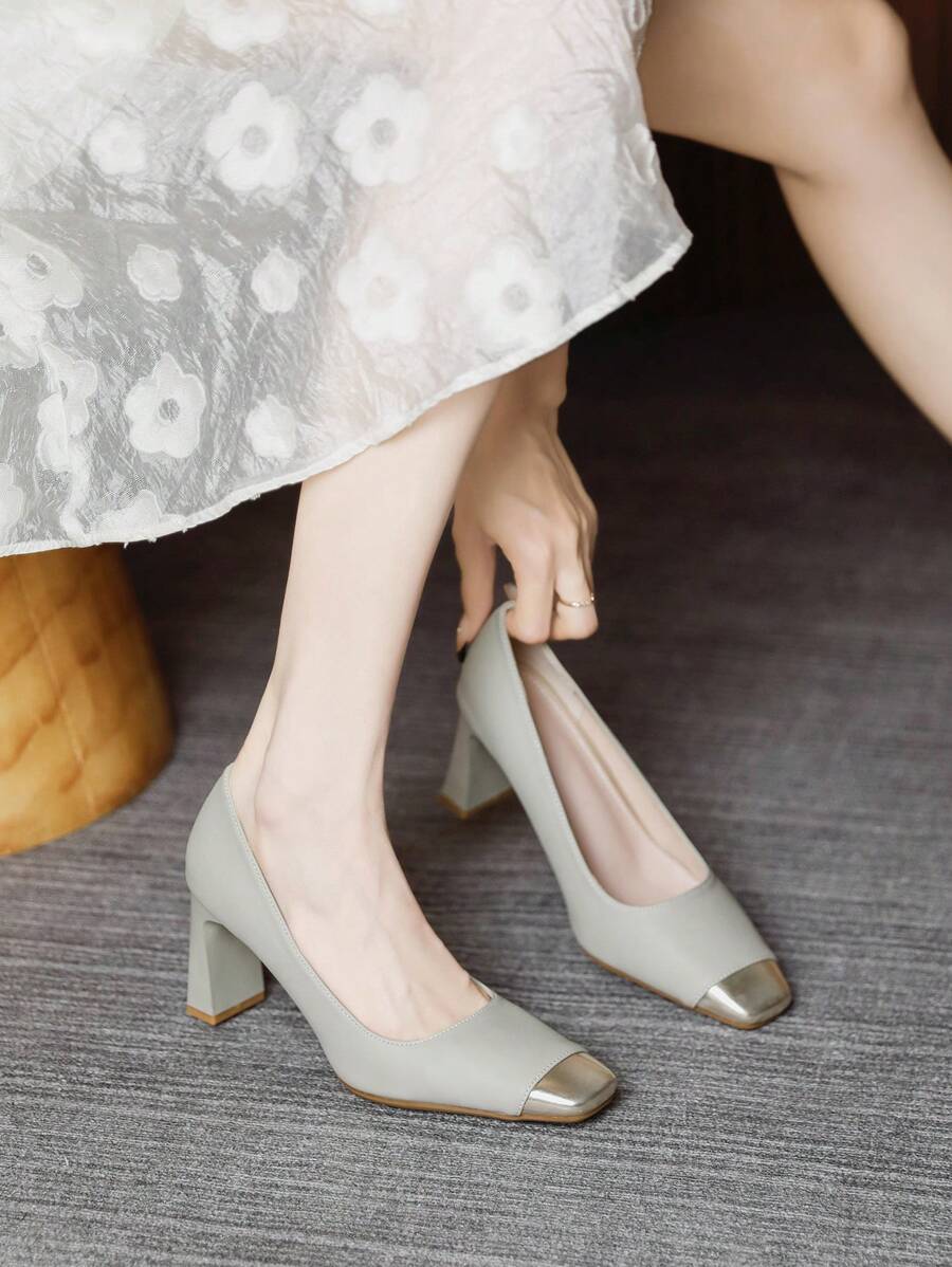 Chunky Heel Colorblock Square Toe Dress Pumps, Fashionable Character Ladies' Office Shoes