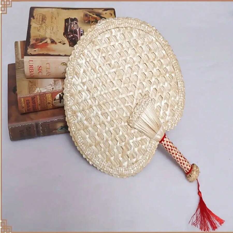 1pc Handmade Round Straw Fan - Summer Cooling Woven Cattail Leaf With Red Tassels, Natural Wheat Straw Material, Intricate Weaving Pattern For Home Decor Or Personal Use, Decorative Fan | Exquisite Weaving Design | Woven Handle