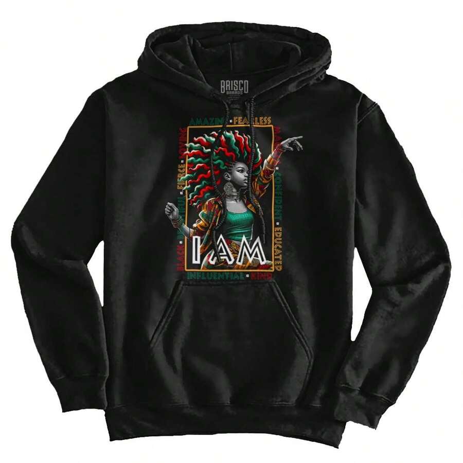 BHM Womens Graphic Fleece Lined Pullover Hoodie Motivational Black Pride I Am Black Fierce Fearless Kind Magical Confident Loving Beautiful Educated Amazing Ladies Casual Fashion Cotton Printed Thermal Lined Drawstring Hooded Sweatshirt Kangaroo Pocket Brisco Brands