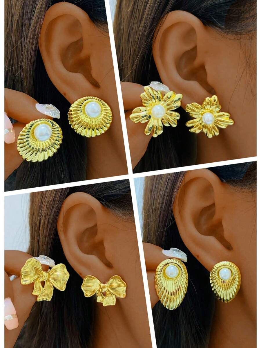 4 Pairs French Elegant Vintage Versatile 18K Gold Plated Floral & Geometric Faux Pearl Stud Earrings, Stainless Steel Hypoallergenic Fashionable Women Accessories, Suitable For Everyday Wear And Celebrations, Great Mother's Day & Valentine's Day Gift