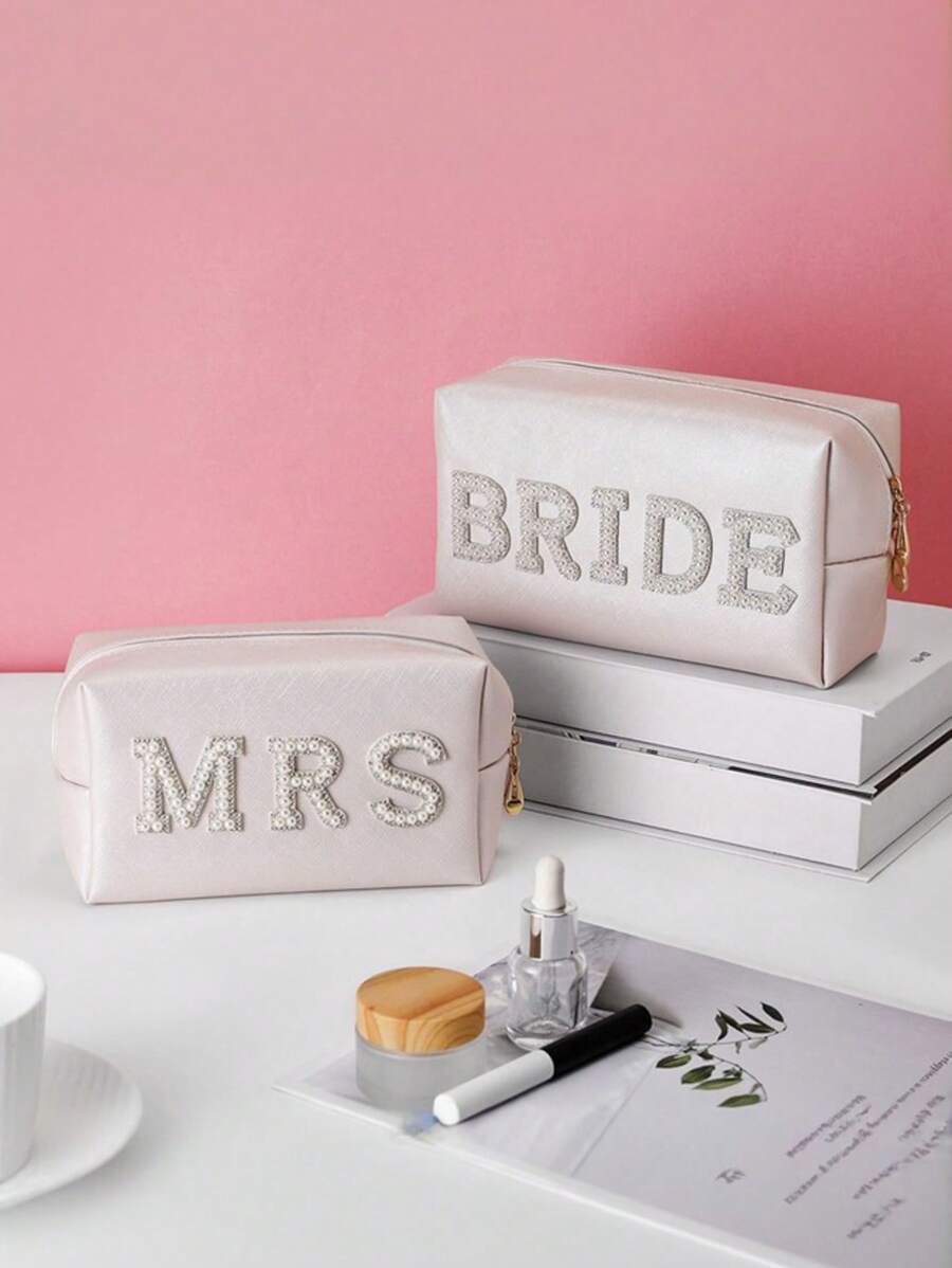 1pc,New Portable Faux Pearl Alphabet Cosmetic Bag, Fashion, Highly Attractive, Makeup Storage Bag, Pu Material, Waterproof, Breathable, Antibacterial, Good Gift. Travel Storage Organizer