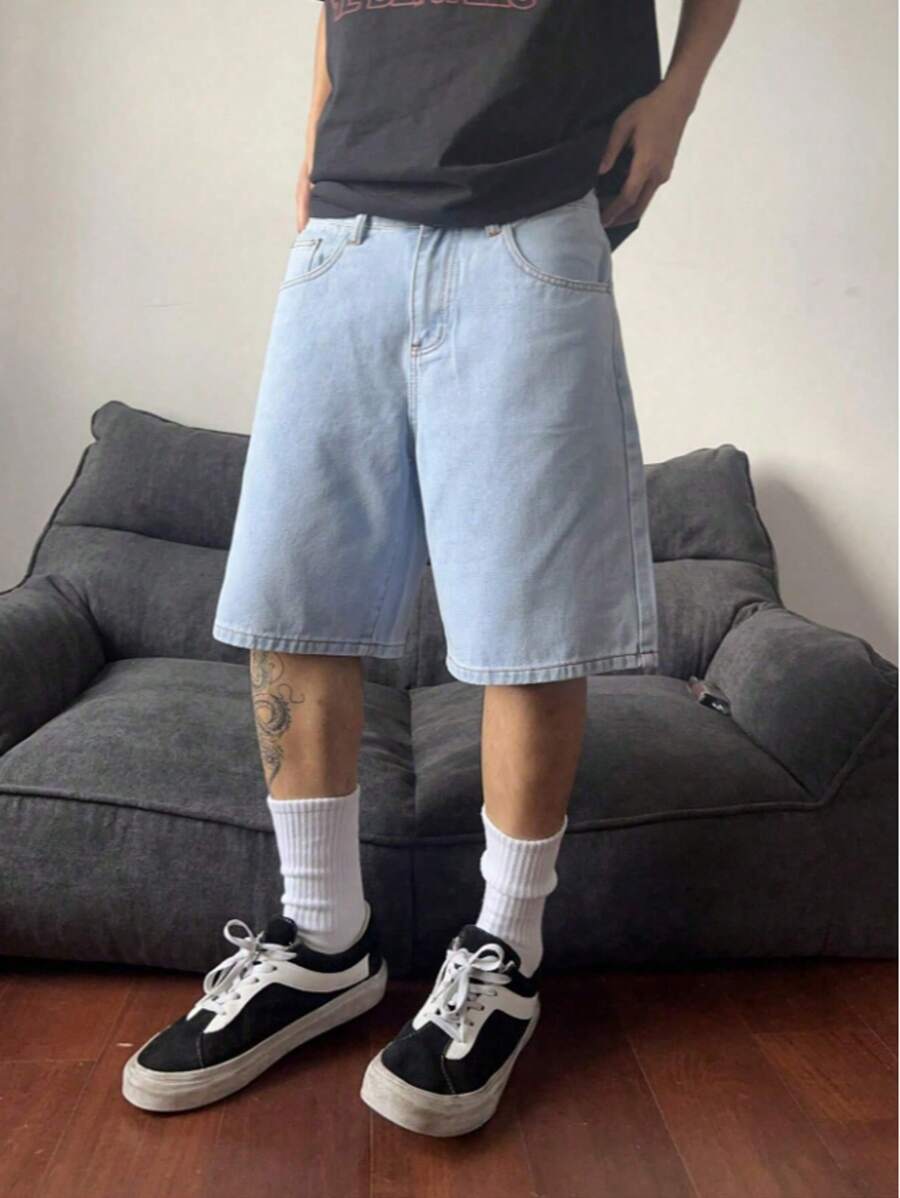 Shorts vaqueros informales de pierna ancha para hombre, shorts de mezclilla de verano lisos, shorts de mezclilla amplios de color azul claro, regalo para el esposo o novio