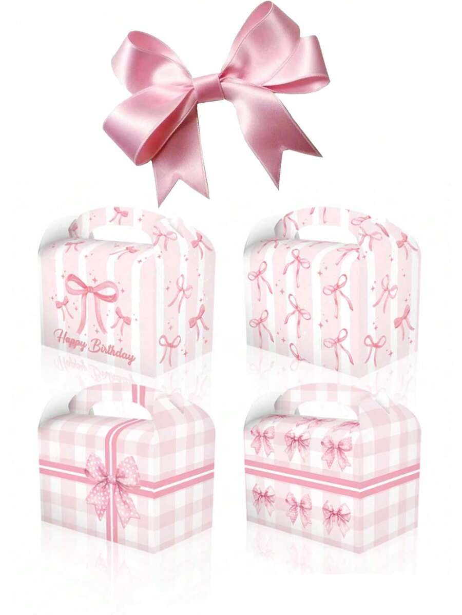 2pcs/1set Pink Bow Theme Party Gift Candy White Card Paper Handbag Gift Paper Box Cow Horn Box Rectangular Gift Gift Box Exquisite Girl Cake Dessert Afternoon Tea Packaging,Style Is Random