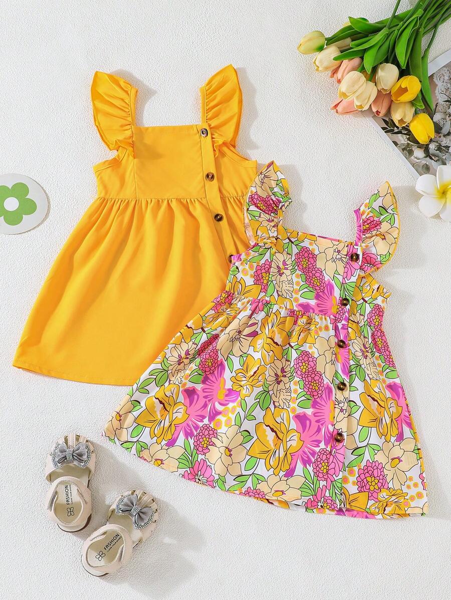 Set de 2 vestidos de verano para niña, uno con estampado floral y otro de unicolor con decoración de botones, conjunto casual para uso diario