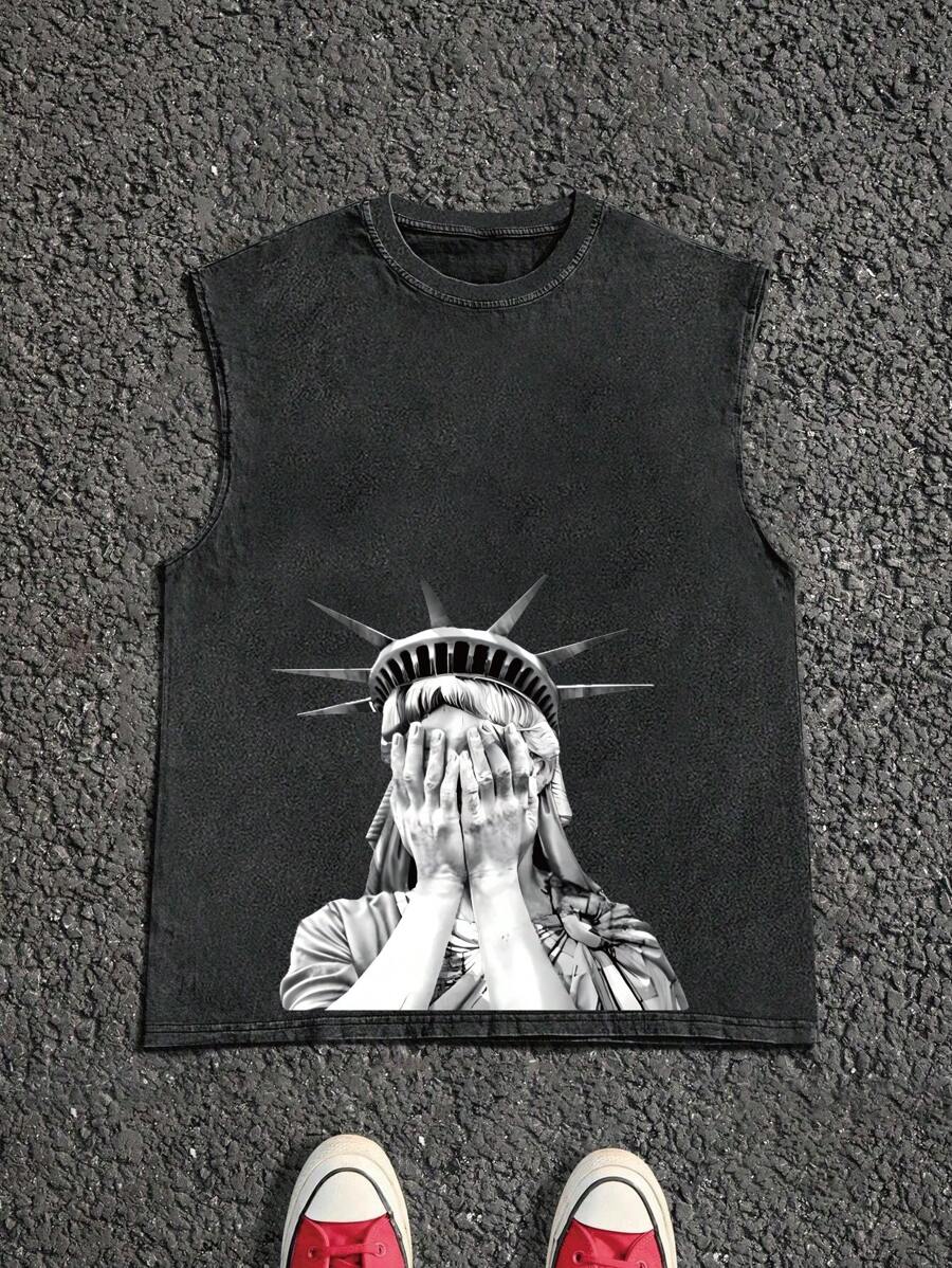 Plus Size Men's Graphic Printed Sleeveless Vest, Funny Statement Streetwear Casual Tank Top, Suitable For Daily Wear, Y2K Style