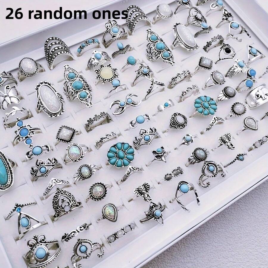 26 stuks diverse turquoise ringen in Boheemse stijl, geschikt voor casual gebruik, willekeurige mix