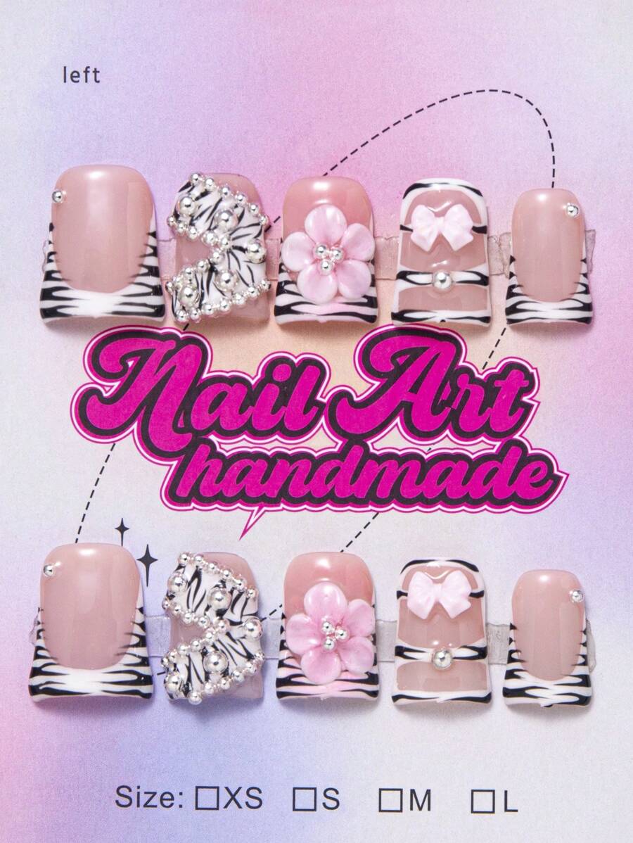 Set de 10 piezas de uñas decorativas hechas a mano con diseños de boca de pato blanca francesa, degradado, oso metálico, hebilla metálica, diamante del planeta, puntos y diseño asimétrico, que incluye rhinestones, adecuado para fiesta, boda y uso diario, viene con herramientas, puede ser un regalo para mujeres y niñas
