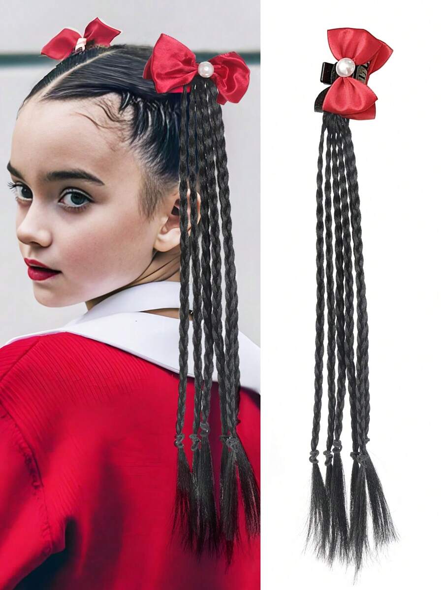 Postiche de queue de cheval tressé en cheveux synthétiques pour enfants avec accessoire nœud papillon. Extensions de cheveux tressées clip-in résistantes à la chaleur pour enfants