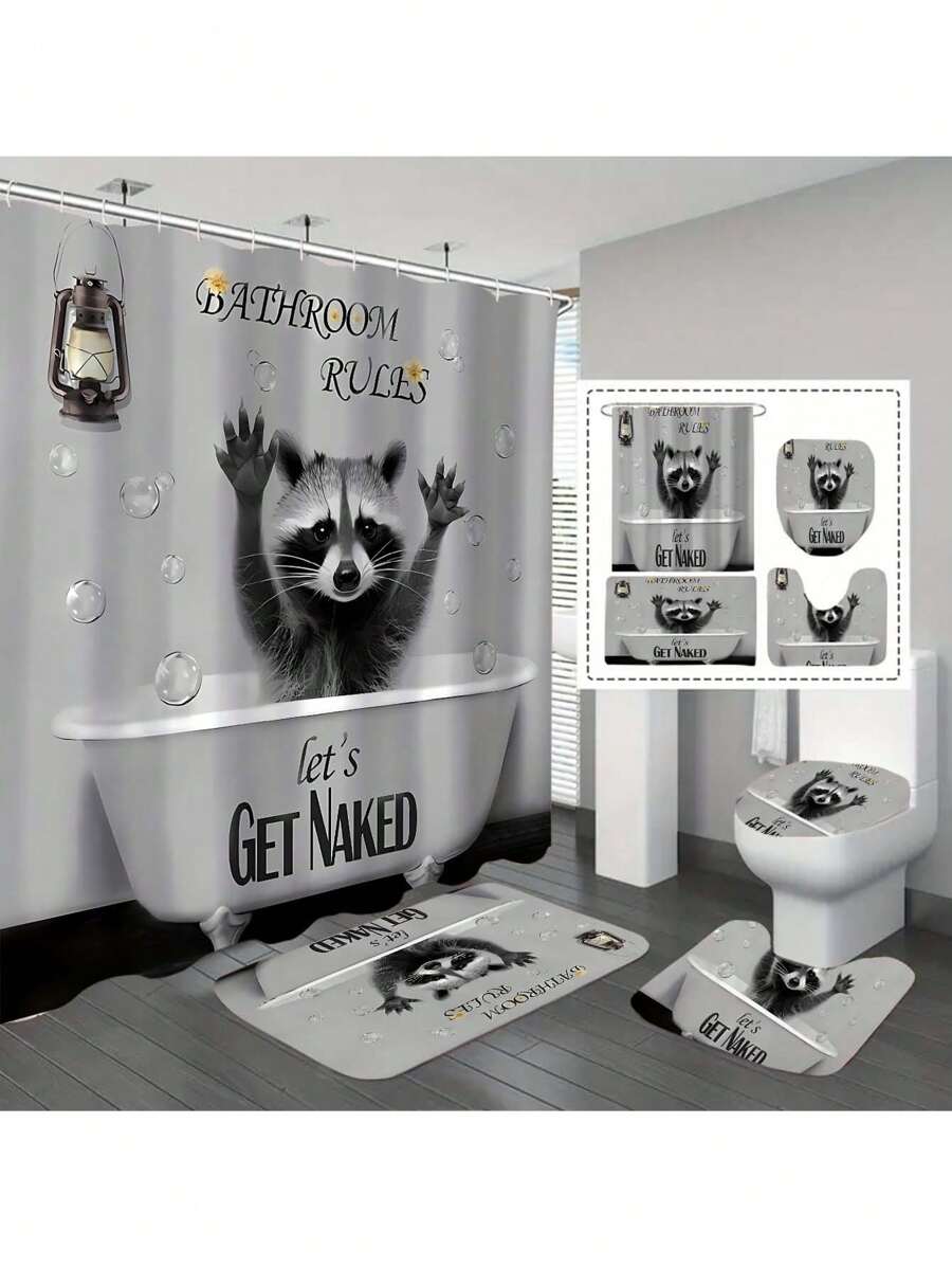 1/4pcs Raccoon Bathroom Shower Curtain Set, Bathroom Shower Curtain Set, Waterproof Fabric, Shower Curtain With 12 Hooks Back To School