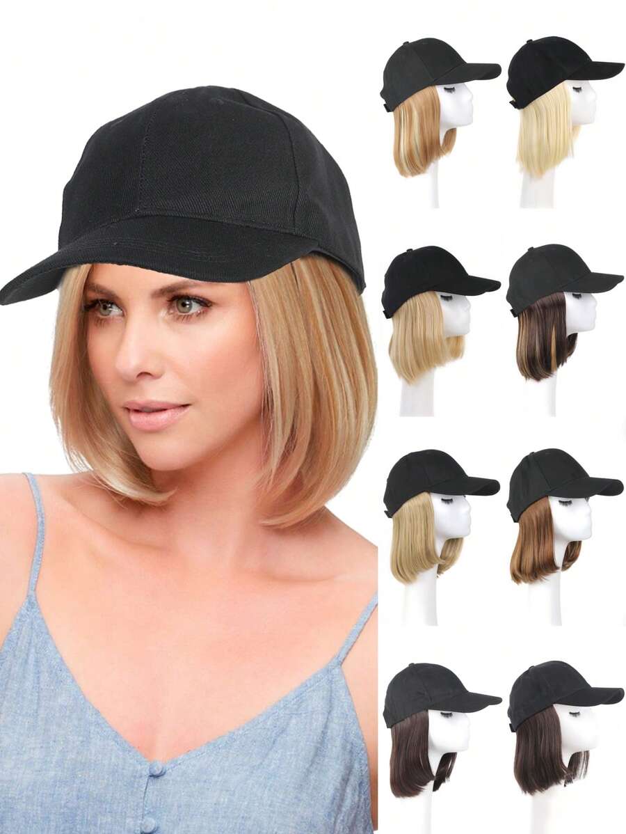 Gorra de béisbol con peluca para mujeres, gorra de béisbol negra con extensiones de cabello sintético rubio liso de 10 pulgadas, gorra de béisbol negra ajustable con peluca tipo bob de cabello rubio, negro y marrón, adecuada para mujeres y niñas