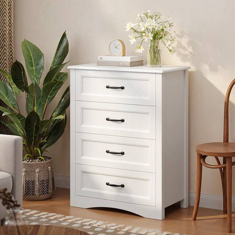 Commode à 4 tiroirs, blanche, chambre à coucher Commode à 4 tiroirs spacieux pour couloir, bureau, chambre à coucher, salon