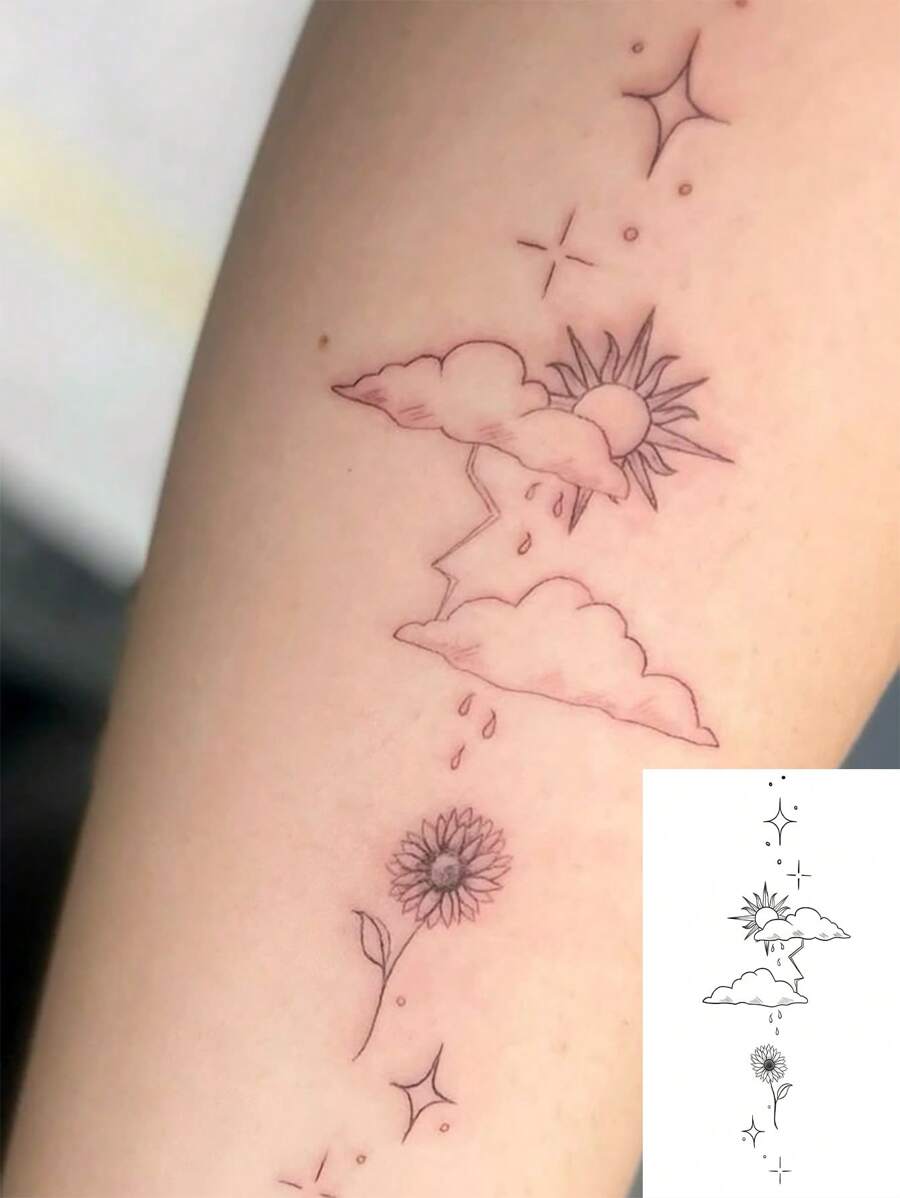 1 pieza Pegatina de tatuaje temporal lavable con diseños de dopamina, flores, nubes, estrellas, sol, adecuado para personas de moda, tatuaje falso para el brazo
