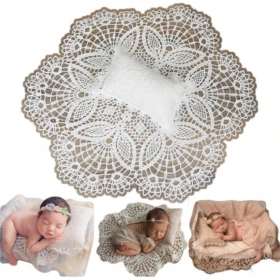 Newborn Baby Photography Props Crochet Baby Wrap Mat With Lace And Posing Pillow Sets Baby Photoshoot Accessories Baby Shower Easter Gift Things For Girls/Boys
