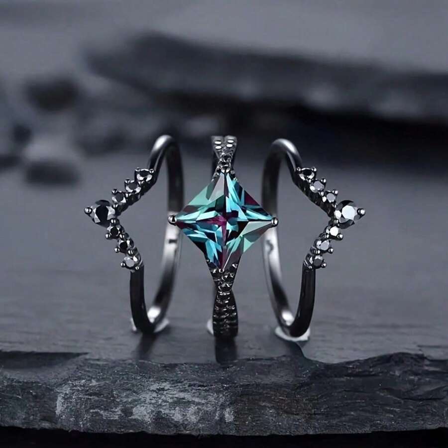 3 pièces/Lot Bague de couple en alliage avec design géométrique carré et strass, porté de manière polyvalente pour la vie quotidienne, les fêtes et les cadeaux de festivals