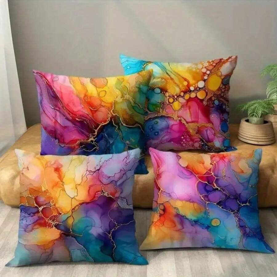 4pcs Colorful Watercolor Marble Patterned Pillow Covers, Modern Polyester Soft Cushion Covers, Suitable For Holiday, Festival And All Season Decor, Sofa, Bedroom, Bed, Living Room, Home Decoration