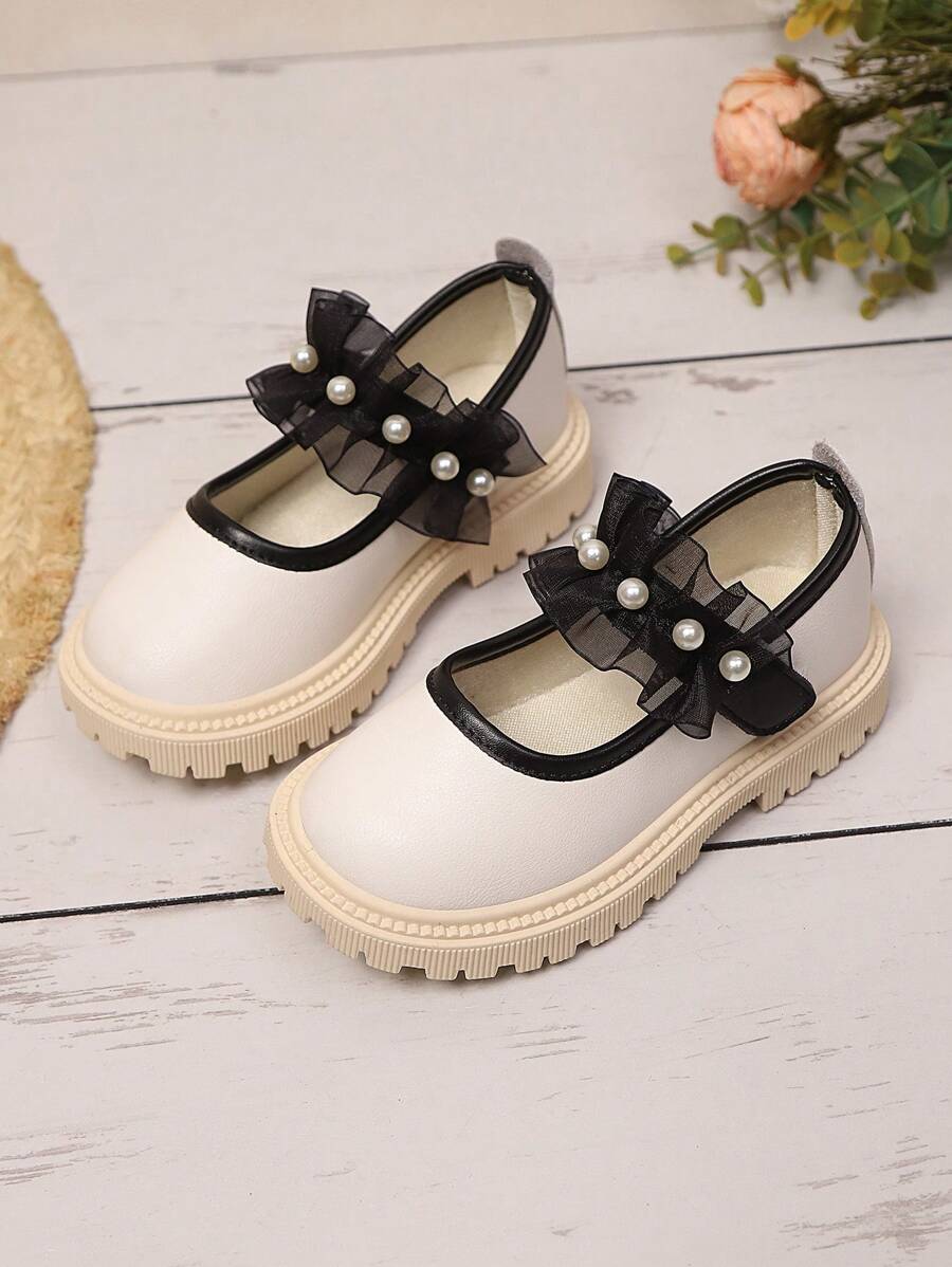 1 par de nuevos y elegantes zapatos planos de punta redonda con lazo y perla, hechos de PU, antideslizantes, resistentes y cómodos, apropiados para uso en exteriores, diario, fiesta y escuela en primavera y otoño