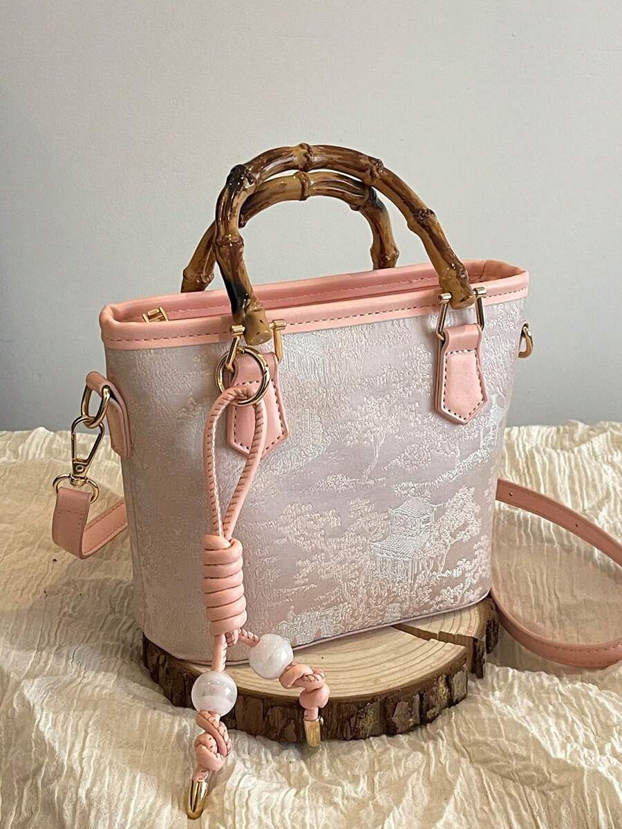 1pc Women's Color Block Chinese Style Bamboo Knot Decor Bucket Handbag, Fashion For Festival, Date, Gift